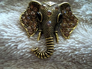 Elephant Head Pin, Gold Tone Metal, topaz Color Crystals, Dk. Red Crystal Eyes - Picture 1 of 3