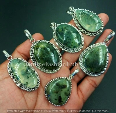 Lote de colgantes boho al por mayor de piedras preciosas de prehnita natural chapadas en plata de ley 925 Foto 1 de 2