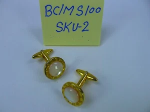 Men's Cufflinks Round Stainless Steel & Gold plated, Mother of Pearl - Picture 1 of 2