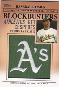 YOENIS CESPEDES ROOKIE CARD Authentic A's Hat LOGO PATCH Insert Baseball 2012 RC - Picture 1 of 2