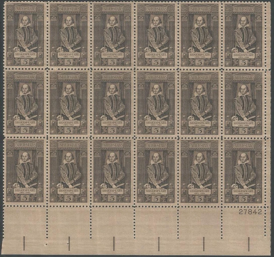 Plate Block of 18 stamps - Scott 1250 - 5 cent - Shakespeare - 1964 - MNH - Image 1 of 1