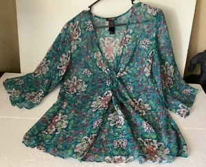 BISOU BISOU Womens Top Medium NEW Peasant Babydoll Tie Front Keyhole Chiffon - Picture 1 of 8