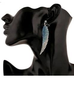 Angle Wing Dangle Earrings Sparkle Silver Blue Earrings 3” Long Brand New - Picture 1 of 2