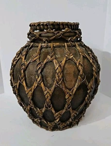 Jarrón de cerámica Satsuma negro japonés antiguo intrincado diseño de bambú de ratán 10" - Imagen 1 de 9