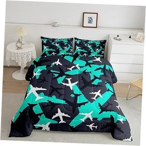 Cartoon Aircraft Comforter Set Size Blue Green Airplane Full Camo Aircraft 07 - Picture 1 of 7