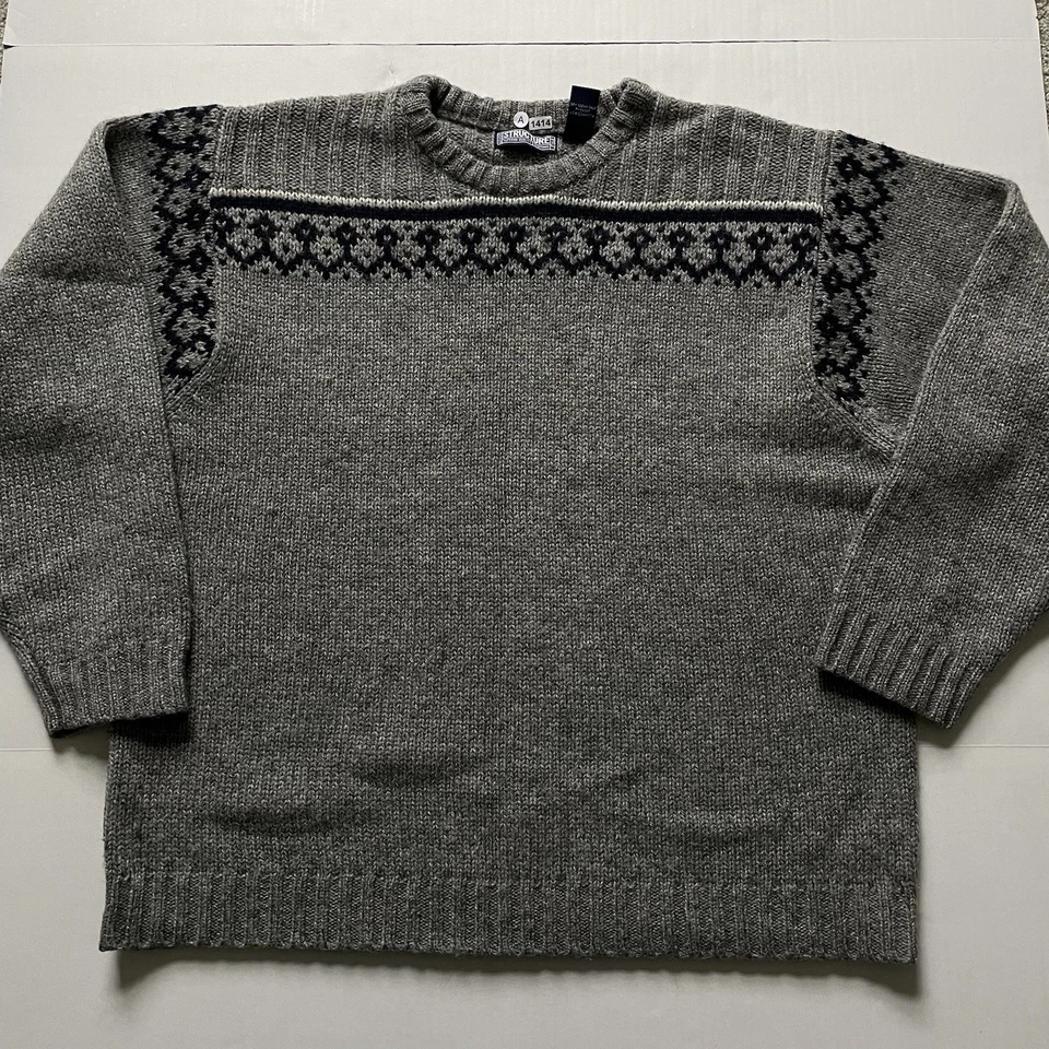 Vintage Structure Sweater Mens XL Gray Navy Blue 100% Shetland Wool Fair Isle - Image 1 of 4
