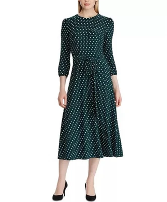 NWT Lauren Ralph Lauren Polka Dot Jersey Dress Fit Flare Green Size 14 Stretch - Image 1 of 4
