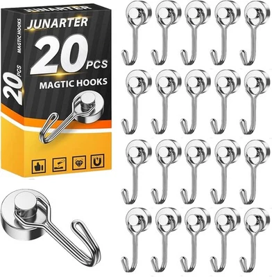 JUNARTER 20 Pack Magnetic Hooks, 25LBS Hooks Heavy 20Pack 25Lbs+, Silver
