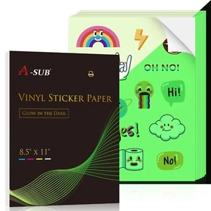 A-SUB Glow In The Dark Vinyl Sticker Paper for Inkjet Printers Waterproof 8.5x11 - Afbeelding 1 van 7