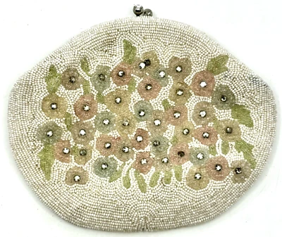 VTG Seed Bead Clutch Evening Bag Purse White Floral Pastel Pink Blue La Rega - Image 1 of 4