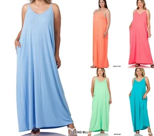 1X 2X Women's V Neck Cami Maxi Long Flowing Dress Side Pockets Adjustable Straps - Picture 1 of 26