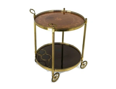 Round Italian Bar Cocktail Tea Cart Trolley Italian Hollywood Regency Marquetry  - Image 1 of 4