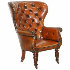 REGENCY CHESTERFIELD BROWN LEATHER PORTERS ARMCHAIR IN THE MANOR OF GILLOWS  - Picture 1 of 12