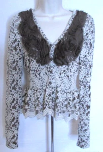 Ryu Damen Bluse klein Boho braun & creme Spitze Rüschen Knopfleiste - Bild 1 von 7