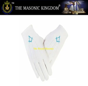MASONIC WHITE COTTON GLOVIES WITH TURQUOISE EMBROIDERED SQUARE & COMPASS EMBLEM - Foto 1 di 4