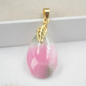 Yellow Gold Plated Leaf Real Green Red Jade Teardrop Drop Pendant Necklace - Picture 1 of 4