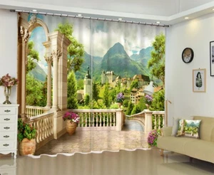 Cortinas de ventana de impresión 3D cortinas de bloqueo de muros tela balcón escena de montaña - Imagen 1 de 11