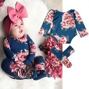 Newborn Baby Girls Flower Romper Bodysuit Tops +Leg Warmers Set Outfits Clothes - Picture 1 of 12