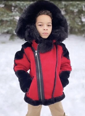 JORDAN CRAIG BOYS MOTO SHEARLING JACKET BLACK RED BRED FUR KIDS SIZES BABY 2T-16 - Image 1 of 4