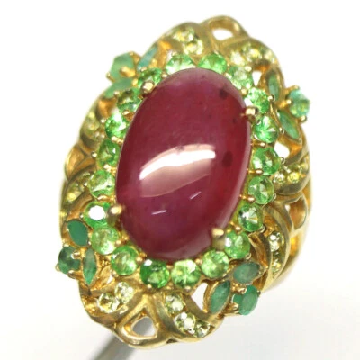 Heizbar Edelstein Rot Rubin,Smaragd,Peridot & Tsavorit Ring 925 Silber Size 7.5 - Bild 1 von 4