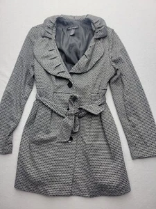 Elena Solano Women Jacket Medium Black/White Ruffled Lapel Belted Short Button - Picture 1 of 11