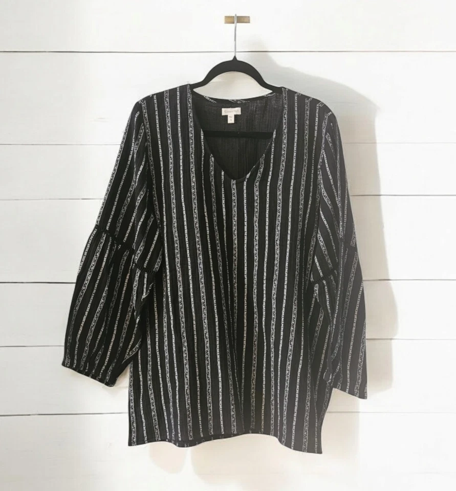 Garnet Hill Womens Size 16 Tunic Top Black White V-Neck ORGANIC COTTON - Image 1 of 4