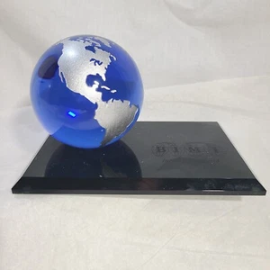 Vtg Blue Glass Paperweight Etched World Globe Map Office Desk Top Paperweight - Picture 1 of 6
