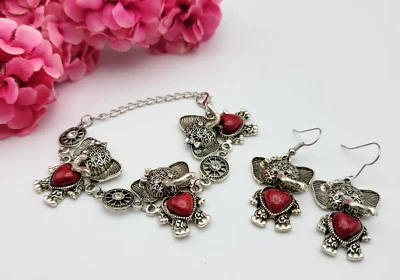 Juego de pulsera y pendientes de eslabones de cadena de elefante corazón piedra roja tono plata 6,5" Foto 1 de 4