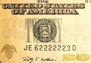 2009 $20 FEDERAL NOTE FANCY SERIAL NUMBER " JE 62222223 D " VG CONDITION - Picture 1 of 4