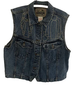 Vintage 90s LEVIS SILVER TAB Blue Denim Vest Women’s Sz MEDIUM EMBROIDERED - Picture 1 of 5