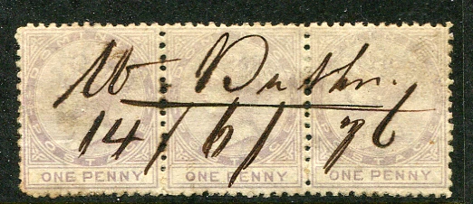 DOMINICA (22528): 14/6/76 manuscript strip QV 1d lilac/cancel/Cat.£165 1876 - Image 1 of 1