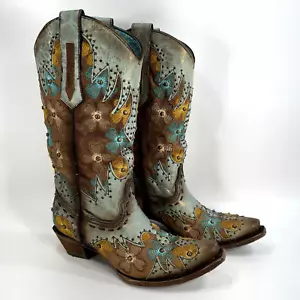 Corral C3379 Embroidered Floral Studded Brown Teal Leather Women’s Size 7.5 M - Picture 1 of 13