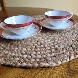Pair of Rosenthal Teacups & Saucers Bordeaux Red & Gold Gilded Bavaria Germany - Picture 1 of 16