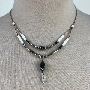 Silver Tone Leaf Dangle Beaded Necklace Two Strand Hematite 18.5" - Picture 1 of 6