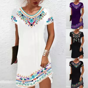 Women's Boho Floral Short Sleeve Mini Dress Ladies Summer Holiday Beach Sundress - Picture 1 of 15