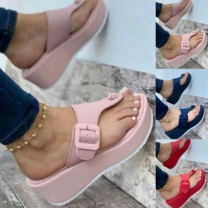 Women's Slip On Flip Flop Slides Casual Wedge Platform Heels Comfy Buckle Shoes - Picture 1 of 13