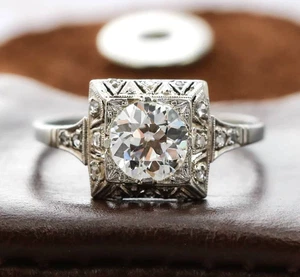 Retro Edwardian Vintage Ring Round Diamond Engagement Ring 14K White Gold Plated - Imagen 1 de 10