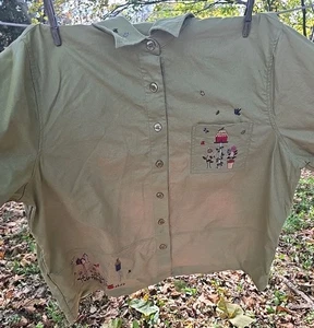 CJ Banks Shirt Womens 2X Green Embroidered Cottagecore Bird Flower Top Linen - Picture 1 of 12