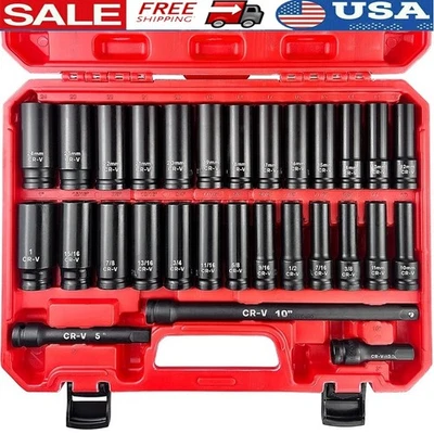 29pcs 1/2 Impact Socket Set Chrome Vanadium Steel Durable Mechanic Tools New - Image 1 of 4