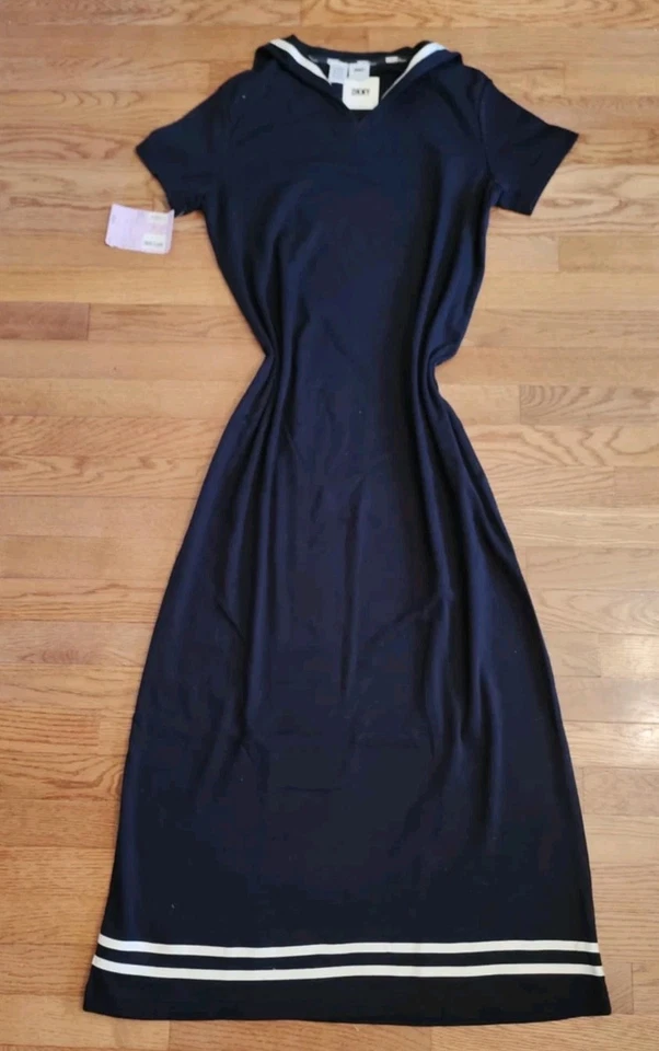 NUEVO CON ETIQUETAS DKNY Donna Karan Nueva York Maxi Vestido Cuello Marinero Azul Marino Dobladillo Largo a Rayas Foto 1 de 4