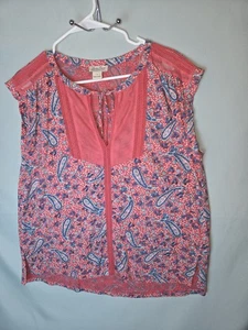 Lucky Brand Damen Gr. Lg rosa Blumen Quasten V-Ausschnitt Kappe Kurzarm Bluse  - Bild 1 von 10