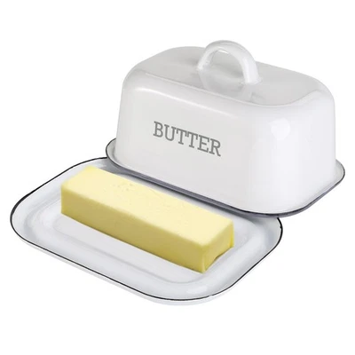 Эмалированное блюдо с маслом с крышкой для настольного холодильника, винтажное белое масло - Изображение 1 из 4