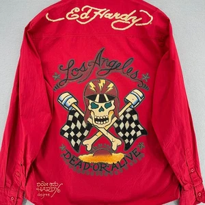 Y2K Ed Hardy Button Down Shirt Los Angeles Skull Bling Long Sleeve Red XL Biker - Picture 1 of 12