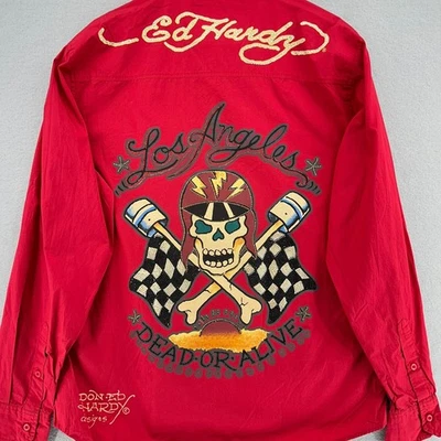 Camisa Y2K Ed Hardy Abotonada Los Ángeles Calavera Bling Manga Larga Roja XL Motociclista Foto 1 de 4