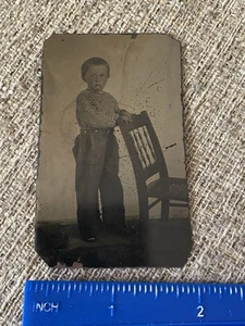 Scared Little Boy Wooden Chair Tintype Antique Child Standing Nice Clothes Photo - Picture 1 of 3