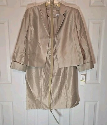 NWT! 2-pieces & Belt Calvin Klein Suit Dress + Jacket Shiny Tunic Tan Size 14P - Image 1 of 3
