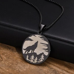 Howling Wolf Pendant Stainless Steel Black Viking Norse Celtic Round Necklace - Picture 1 of 5