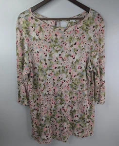 J.Jill Love Linen Floral Tie Keyhole Back 3/4 Sleeve Slubbed Knit Tunic Blouse - Picture 1 of 11