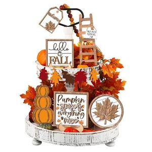13 Pcs Fall Tiered Tray Decor Set Thanksgiving Pumpkin Gnome Rustic Farmhouse... - Picture 1 of 7