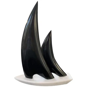 Boat Sailing Sculpture IN Marble Black and White Sailboat Nautic Art Design H - Picture 1 of 2